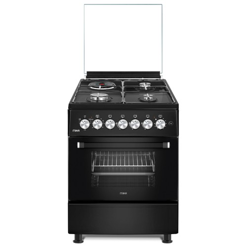 MIKA Standing Cooker, 58cm x 58cm, 3 Gas Pool Jet Burners + 1 RAPID Hot Plate, Button Ignition, 3 Function Electric Oven, Matt Black