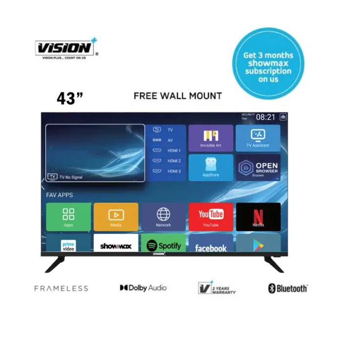 Vision Plus 43 Inch Smart Android TV VP8843SF Frameless Bluetooth Full HD +Wall Bracket