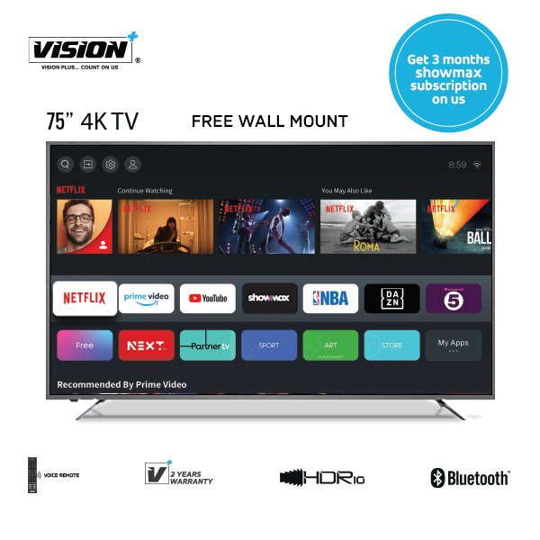 Vision Plus 75″ VP8875KV 4K Frameless V+ OS Smart TV