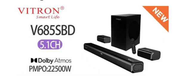 Vitron V685SBD 5.1CH soundbar, Sleek, space-saving design with LED display, Wired subwoofer for enhanced bass, Multiple input options – Bluetooth, USB, AUX, Optical.