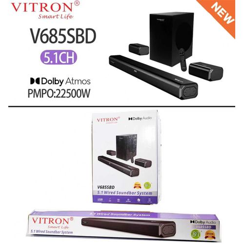 Vitron V685SBD 5.1CH soundbar, Sleek, space-saving design with LED display, Wired subwoofer for enhanced bass, Multiple input options – Bluetooth, USB, AUX, Optical.
